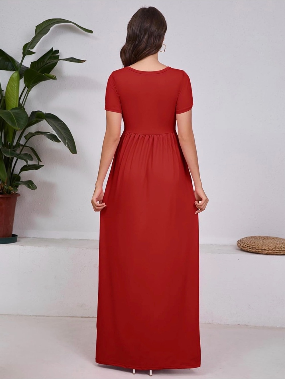 Red Short-Sleeve Maxi Dress - Classic Women's Style - Picture 3 of 3